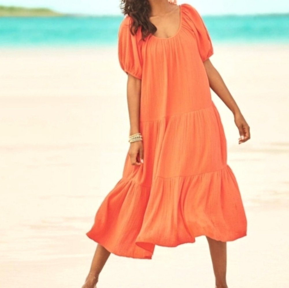 LILLY PULITZER Zemini Crinkle Cotton Gauze Tiered Puff Sleeve Maxi Coverup Dress